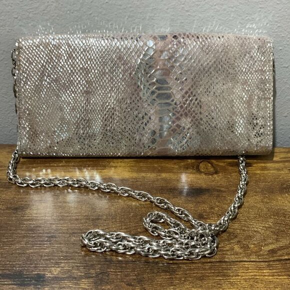 White House Black Market Silver Reptile Print Clutch With Strap - Picture 2 of 4